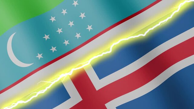 Two waving flags Uzbekistan and Iceland with diagonal lightning seamless, 4k loop