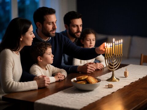 Family celebrating Hanukkah lighting menorah together at home