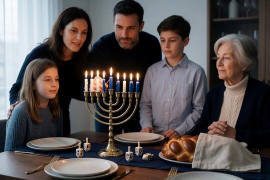 Multi-generational family lighting Hanukkah menorah at dinner table