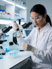 Fototapeta premium Scientist using pipette to transfer liquid into test tube
