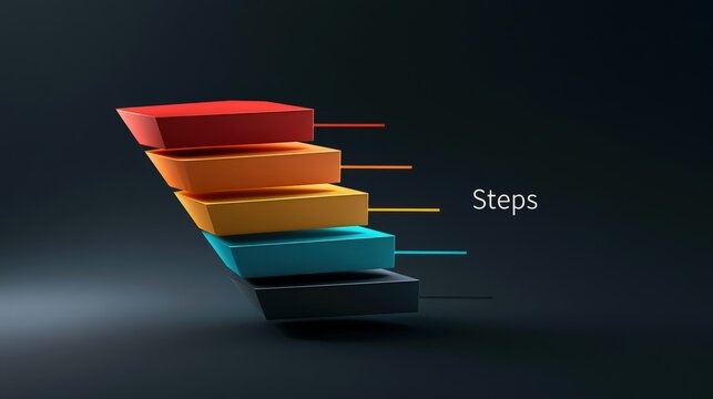 A 3D colorful layered funnel chart with five steps against a dark background. Use this versatile graphic for business growth or sales marketing presentations.