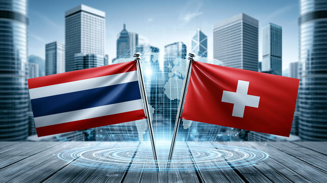 Thailand and switzerland flags displayed in a modern urban setting with skyscrapers and digital elements