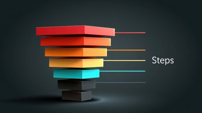 Colorful 3D pyramid funnel infographic chart with levels and steps on dark background. Business strategy concept for corporate presentations.