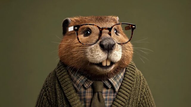 Charming beaver male cartoon character in vintage clothes blinking and looking against a solid green background