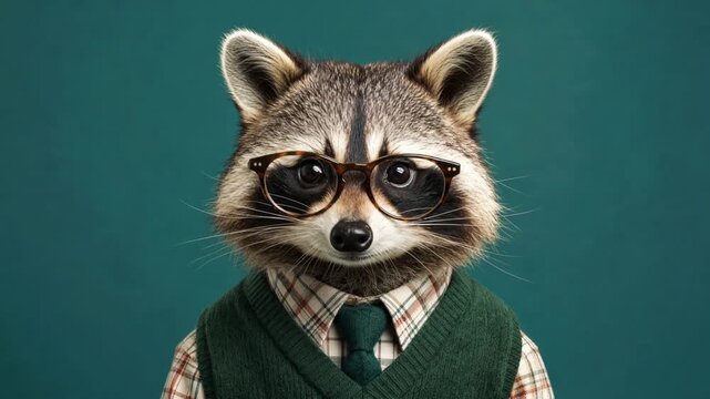 Intelligent raccoon male cartoon character wearing glasses and a sweater vest blinks and moves his head