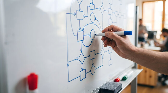 Close up of a hand drawing an abstract data flow diagram with arrows on a whiteboard