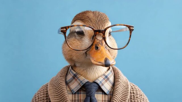 Funny duck male chartoon character dressed as a human looking at the camera on a plain blue background