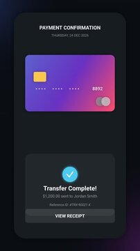Digital Payment Confirmation Interface Animation Showing Successful Money Transfer With Credit Card UI For Modern Mobile Banking Applications