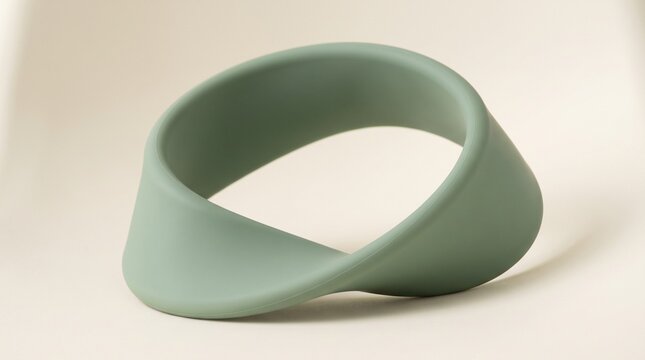 Minimalist sage green matte silicone Mobius strip sculpture on a neutral background.