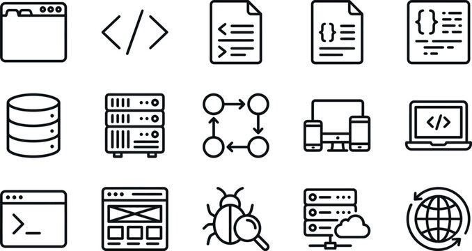 Modern Flat Icons Set Representing Web Development, Coding, and IT Concepts