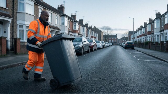 Bin man pulling wheelie bin on residential street