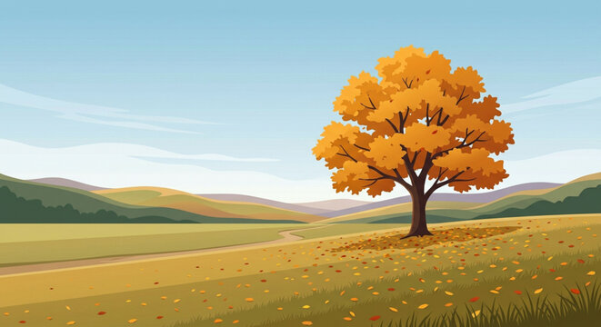 Autumn landscape vector with golden oak tree. Rural fall scenery with rolling hills and fields. Seasonal nature background for web banners.
