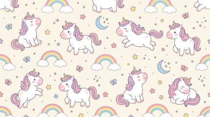 Obraz premium Colorful unicorns walking among rainbows