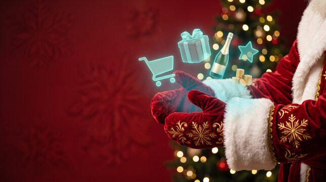 Santa Claus holding futuristic 3D online shopping hologram with shopping cart and gift icons. Christmas e-commerce winter sale promo banner mockup.