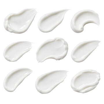 Set of realistic white glossy cosmetic cream smears isolated on transparent background. Collection of smooth skincare and beauty product textures in high quality PNG format for cosmetics branding, pac