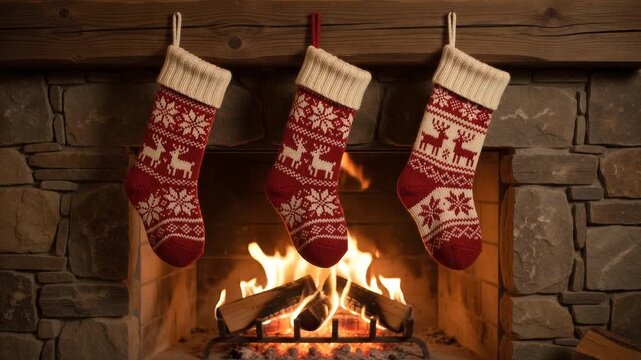 Three charming knit Christmas stockings in red and cream fair isle patterns hanging from rustic wood mantelpiece above fireplace.