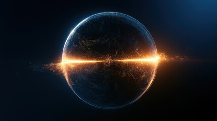 Fototapeta premium A glowing golden energy beam pierces through a dark blue sphere in deep space. Perfect background for technology and science fiction concepts.