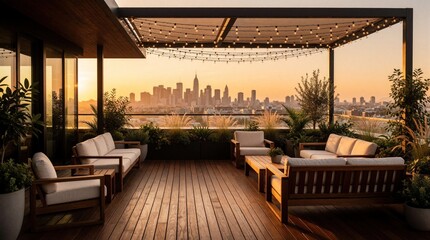 Obraz premium Modern outdoor terrace with wooden deck, cozy lounge furniture. Warm string lights hang above seating area. Beautiful urban skyline view during golden hour sunset. Relaxing patio with green plants