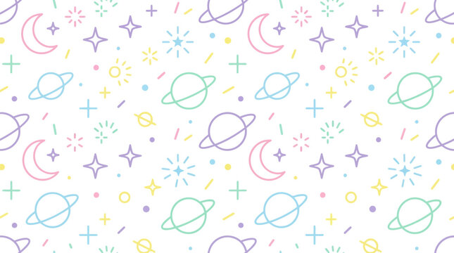 Pastel space themed doodle pattern with planets stars