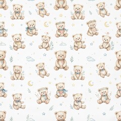 Obraz premium Seamless Pattern Featuring Hand Painted Teddy Bears with Soft Clouds and Twinkling Stars for Baby Nursery Textile Prints and Stationery