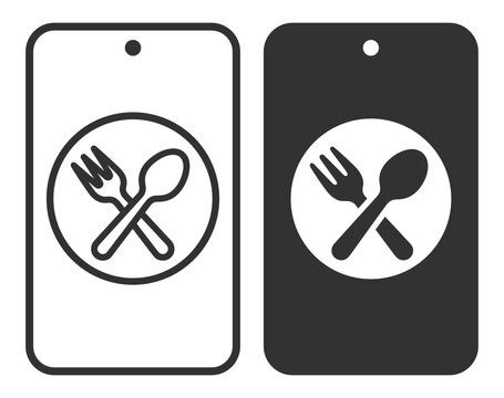 fork and spoon icon on smartphone screen set of two black and white vector illustrations on transparent background