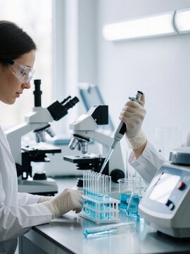 Scientist using pipette to transfer blue liquid into test tube in labo