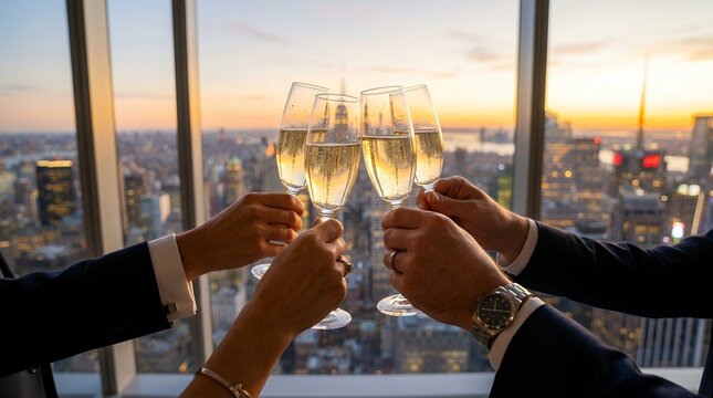 Business team toasting with champagne flutes at sunset in a high-rise office building.