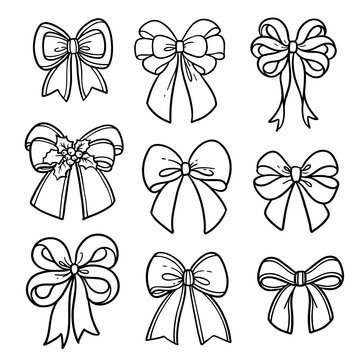 Festive beautiful bows in various different shapes for decorating your designs and gifts line art.