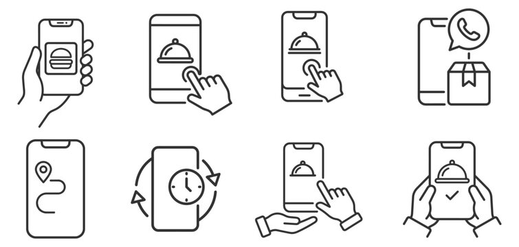 food delivery and ordering icons on smartphone for mobile app user interface on transparent background