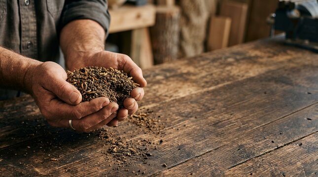 Technician holding organic insect frass fertilizer for sustainable agriculture and gardening.