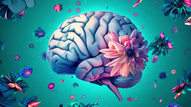 Illustrated human brain blooming with colorful flowers on a teal background, mental health and creativity concept, mindfulness and wellbeing.