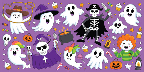 Naklejka premium Halloween Character Collection: A whimsical assortment of charming Halloween characters including ghosts, skeletons, and a joyful child, adorn a festive purple backdrop with playful pumpkins, candy.