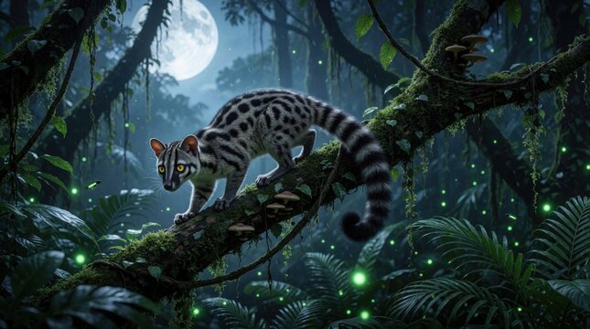 Spotted genet climbs mossy tree branch in mystical forest at night. Moon shines brightly. Fireflies glow green creating magical ambiance. Dark jungle plants surround creature.