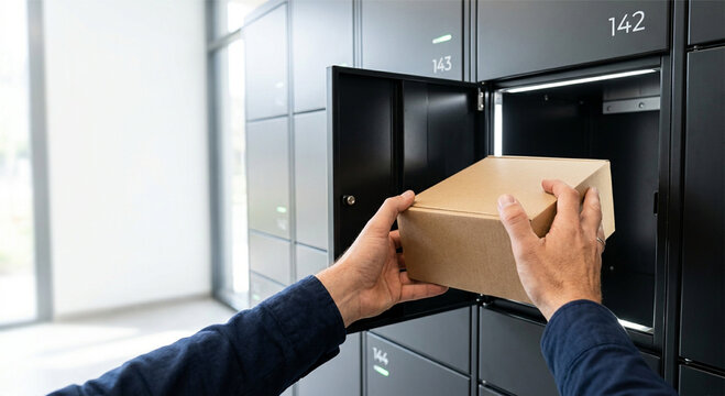 Hands Picking Up Online Shopping Package from Smart Delivery Locker