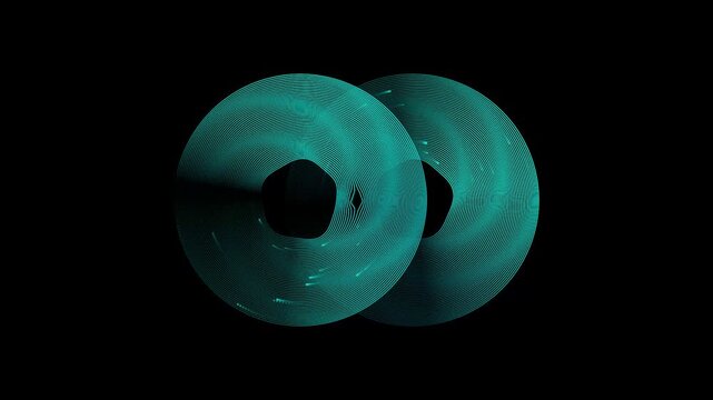 Teal toroidal shapes rotate and converge against a dark background rotating convergence