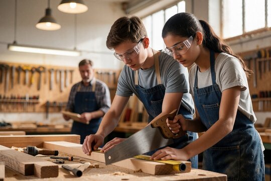 High school students learning woodworking and sawing in class