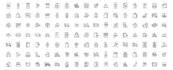Fototapeta premium food delivery and online ordering line icons set for restaurant service grocery shopping and takeaway on transparent background