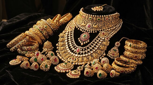 Opulent display of traditional Indian gold jewelry including carved bangles, rings and ornate necklaces on dark luxury surface, rich.