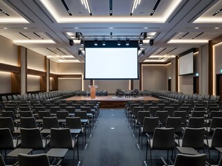 Fototapeta premium Empty conference hall with rows of chairs and a large projection screen for presentations