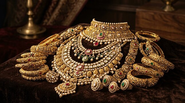 Opulent display of traditional Indian gold jewelry including carved bangles, rings and ornate necklaces on dark luxury surface, rich.