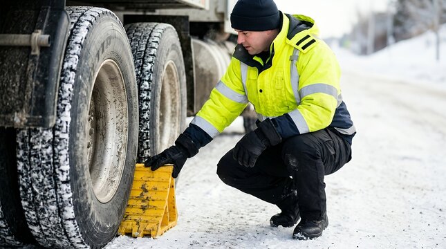 Traffic officer inspecting a heavy-duty wheel chock against a frozen truck tire in winter.