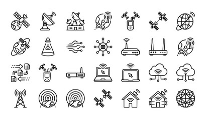 Fototapeta premium Set of hand drawn communication and technology icons featuring satellites internet routers and global network symbols