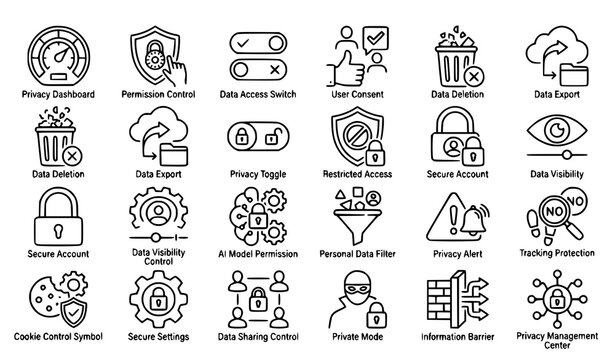 Set of data privacy and security line icons representing digital protection and user consent management for web interfaces