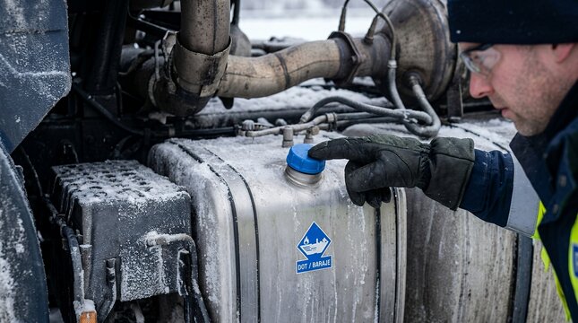 Traffic officer inspecting AdBlue tank and exhaust system on a frozen semi-truck in winter.