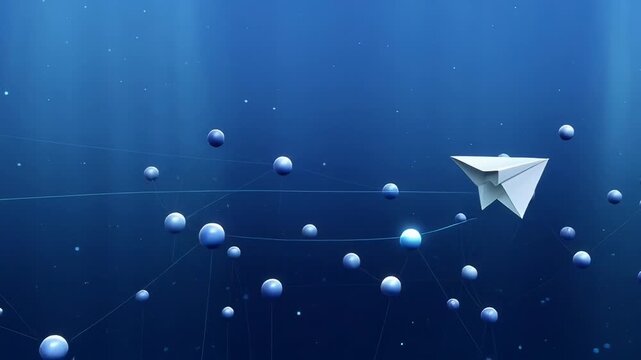 ?Paper airplane glides through abstract digital network of spheres
