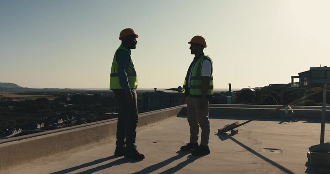Team, people or fist bump on rooftop for construction progress, structural deck goal or development. Site foreman, mason or celebration for complete roof slab, topping out or building concrete finish