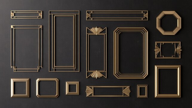 Collection of elegant golden art deco frames on dark textured background.