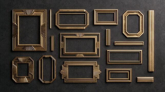 Collection of ornate vintage art deco golden picture frames arranged on a dark textured background. Ideal for interior design or graphic design projects.