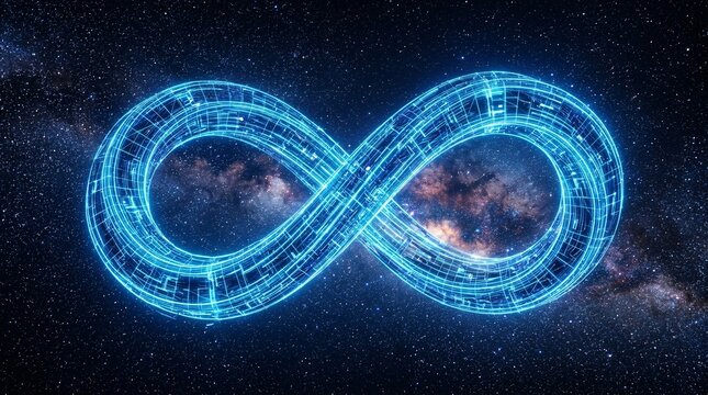 Glowing luminescent infinity symbol of intricate digital wireframe mesh floating in deep space, blue neon against sparkling stars.