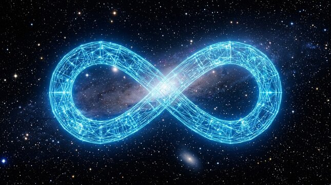 Glowing luminescent infinity symbol of intricate digital wireframe mesh floating in deep space, blue neon against sparkling stars.